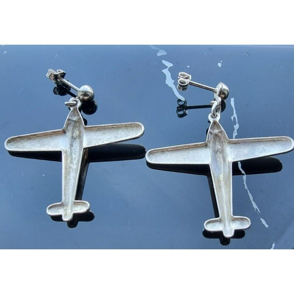 VINTAGE 925 STERLING SILVER AIRPLANE DESIGN EARRINGS AT