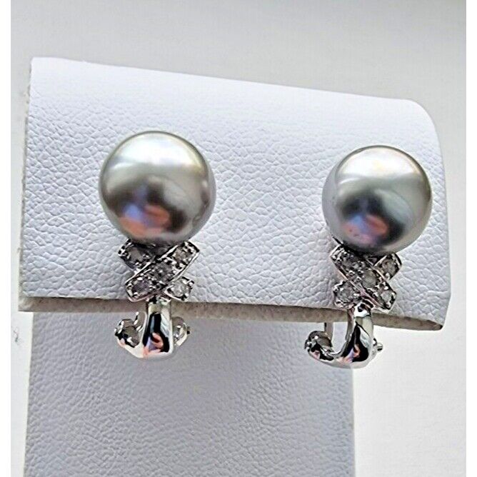 14K WHITE GOLD GREY  PEARL AND DIAMOND EARRINGS WITH OMEGA CLIP AT