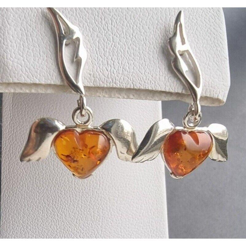 VINTAGE 925 STERLING SILVER HEART BALTIC AMBER, ANGEL WINGS DROP EARRINGS AT