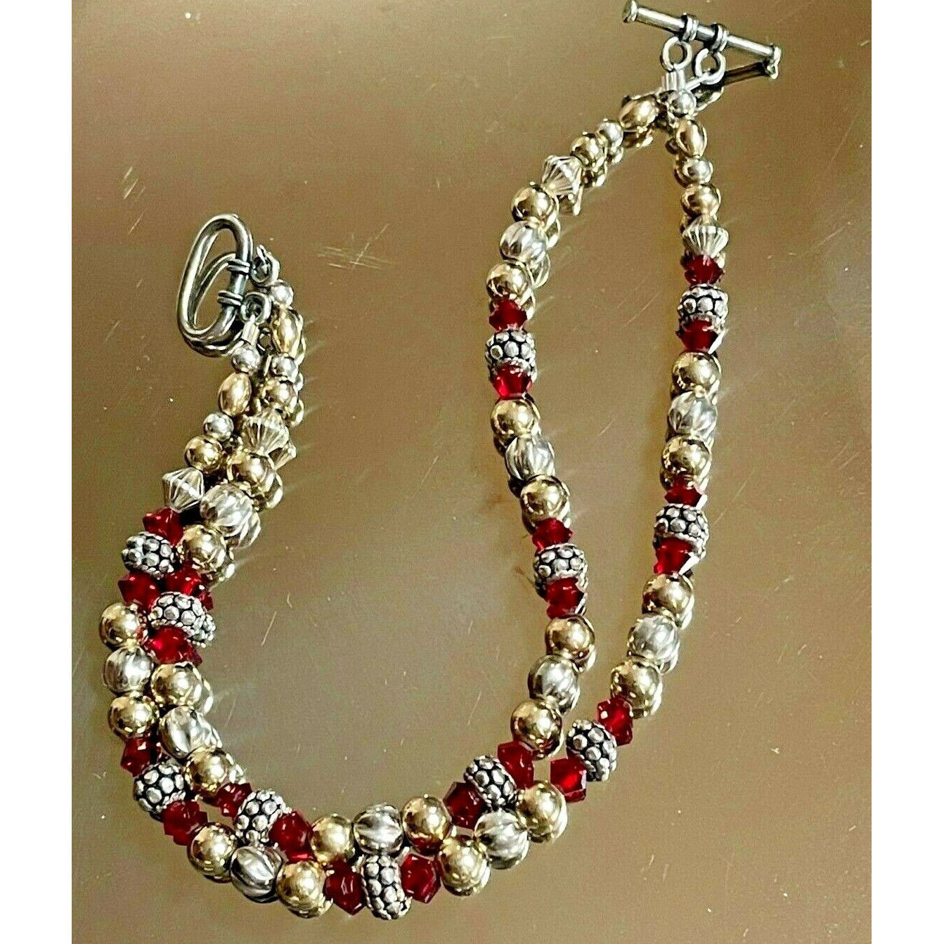 BEAUTIFUL 925 STERLING SILVER,GOLD & RED GEMS BEADED  BRACELET SKY