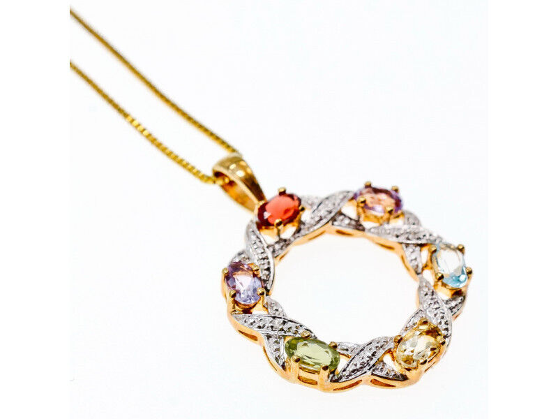 925 STERLING SILVER GOLD PLATED MULTI GEMSTONES "SPRING" CHAIN WITH PENDANT