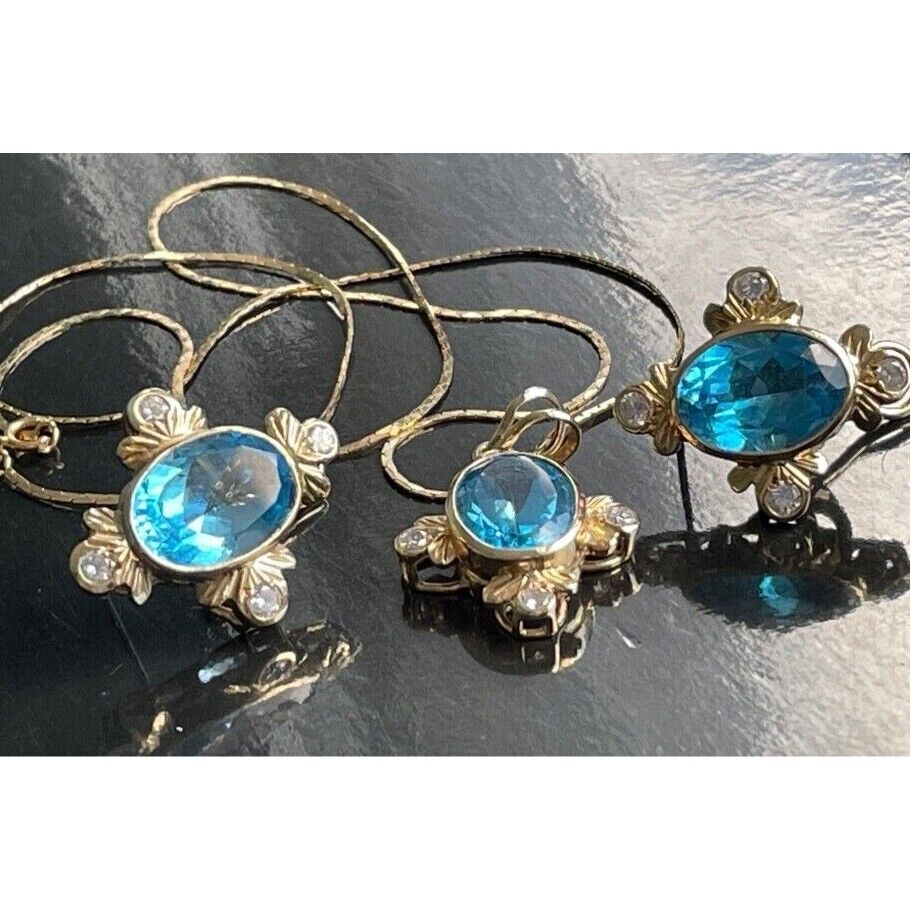 14K YELLOW GOLD TOPAZ & DIAMOND NECKLACE & EARRINGS SET SKY