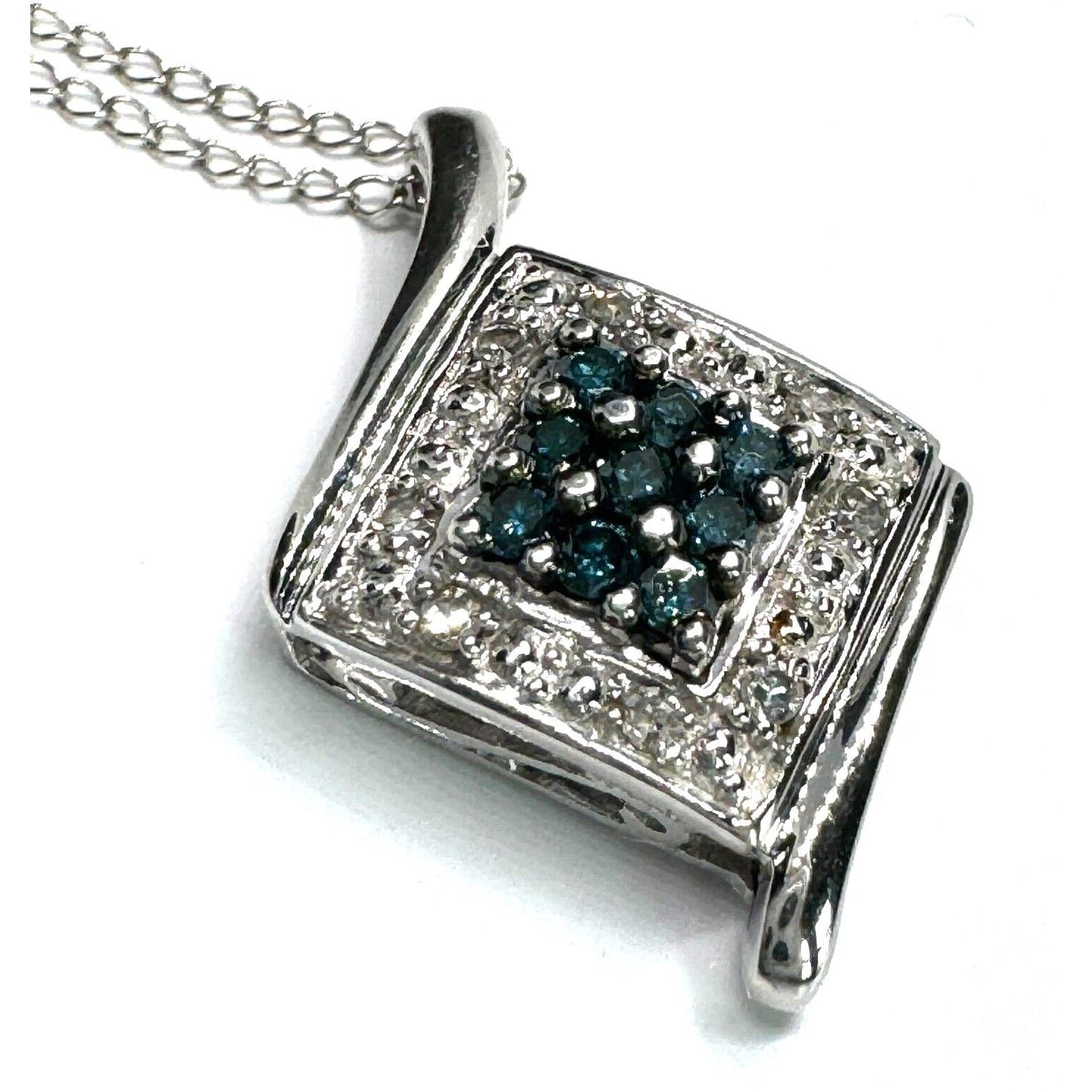 WHITE GOLD TEAL AND CLEAR DIAMONDS PENDANT NECKLACE SKY