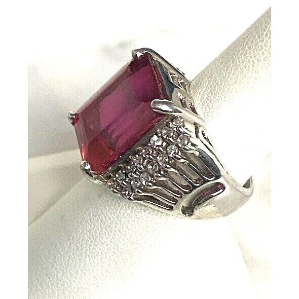 925 STERLING SILVER LAB-CREATED RUBY AND COLORLESS TOPAZ STATEMENT RING SZ SKY