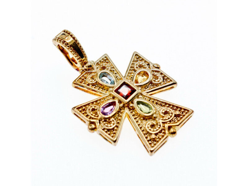 925 STERLING SILVER GOLD PLATED MULTI GEMSTONES CROSS PENDANT