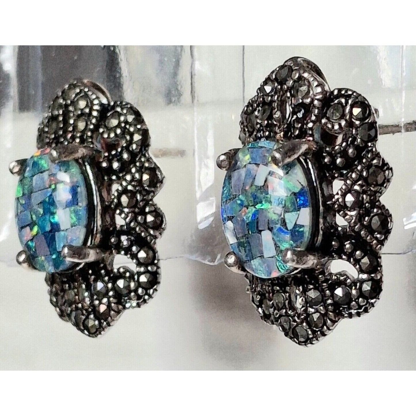 925 STERLING SILVER  MOTHER OPAL MOZAIC AND MARCASITES EARRINGS SKY