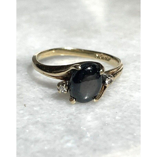 YELLOW GOLD BLACK SAPPHIRE AND DIAMOND RING SIZE 6 SKY