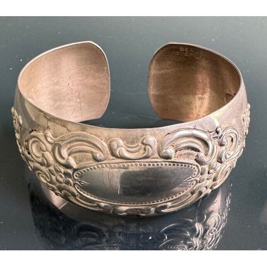 BEAU 925 STERLING SILVER EMBOSSED LACE CARTOUCHE CUFF  BRACELET SKY