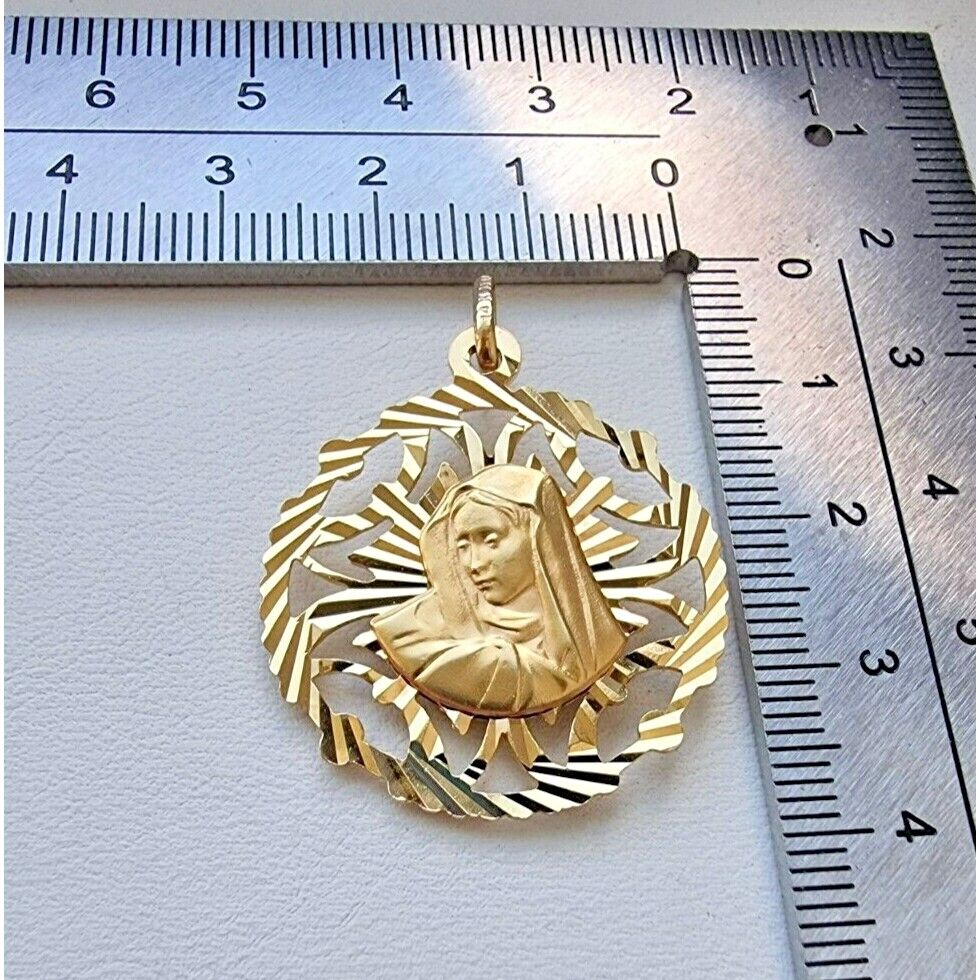 LARGE 14K YELLOW GOLD VIRGIN MARY AND JESUS BILATERAL ITALIAN CHARM PENDANT AT