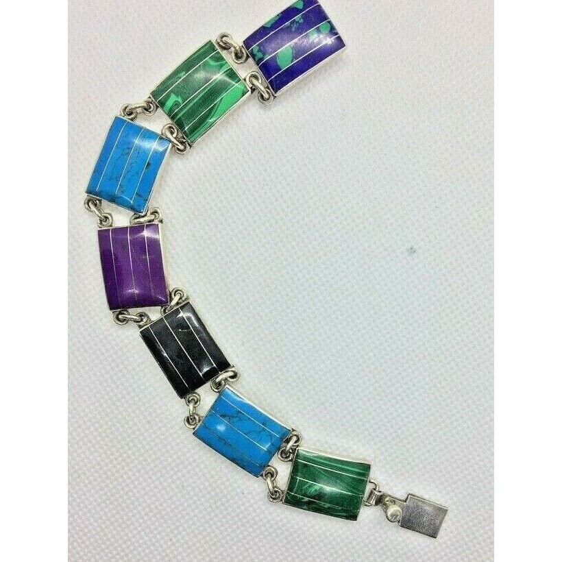 VINTAGE WIDE 925 STERLING SILVER MULTI-GEM LINK BRACELET SKY