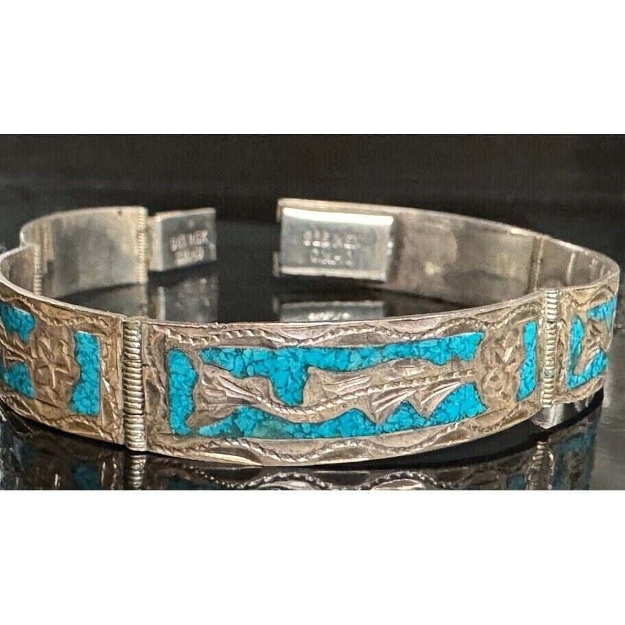 G.M. 10 MEXICO 925 STERLING SILVER TURQUOISE INLAID BRACELET SKY