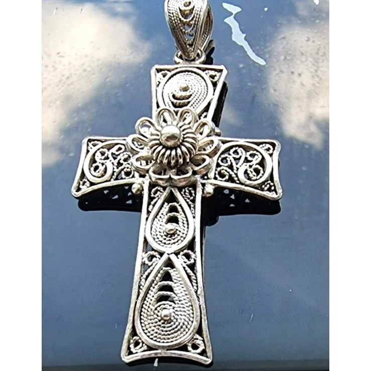 925 STERLING SILVER FILIGREE CROSS FLOWER CROSS  PENDANT AT