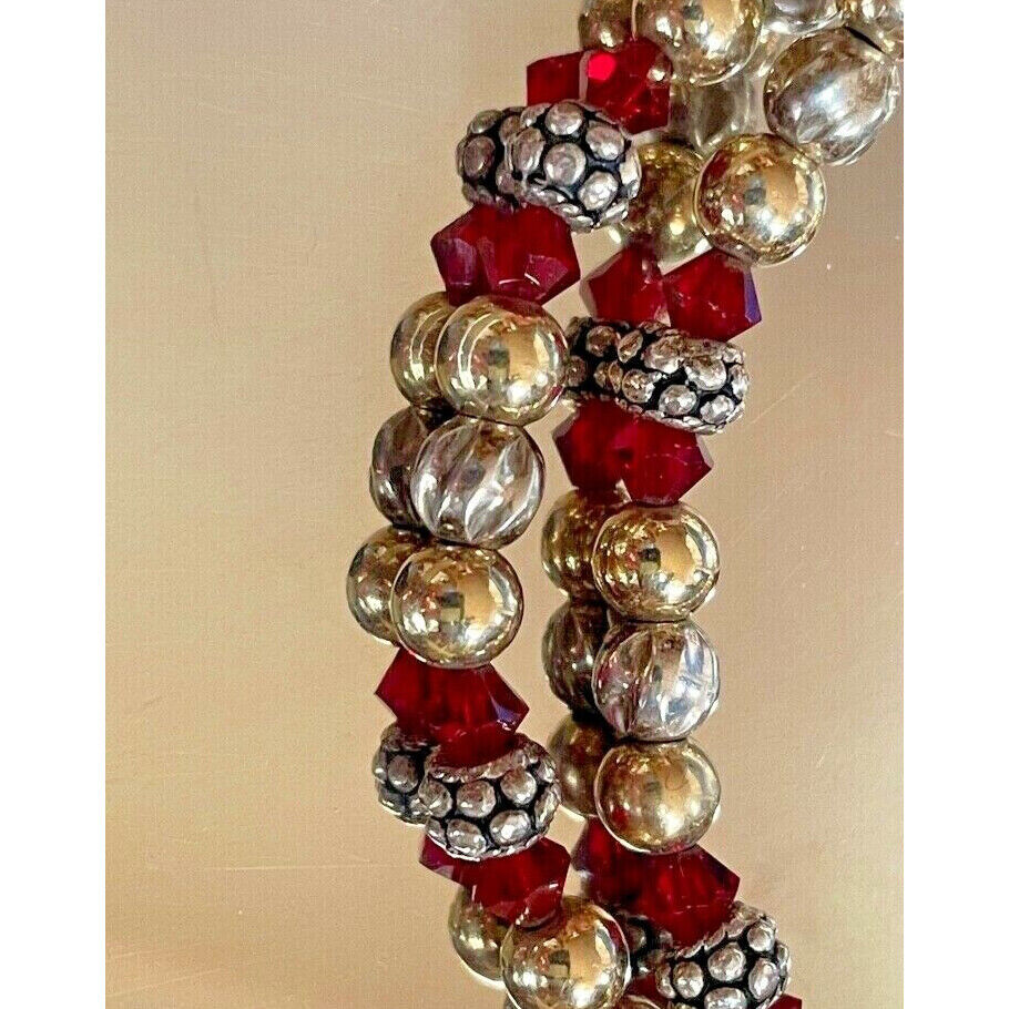 BEAUTIFUL 925 STERLING SILVER,GOLD & RED GEMS BEADED  BRACELET SKY