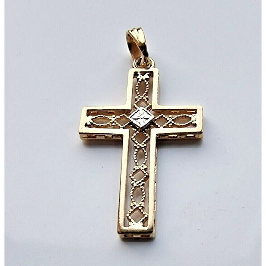 14K GOLD TWO TONE FANCY STYLISH DESIGN CROSS PENDANT AT