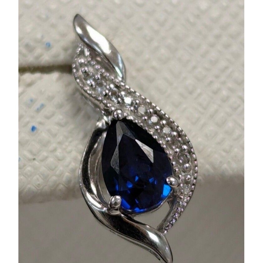 925 sterling silver pear shape blue  sapphire and white cz   earrings AT