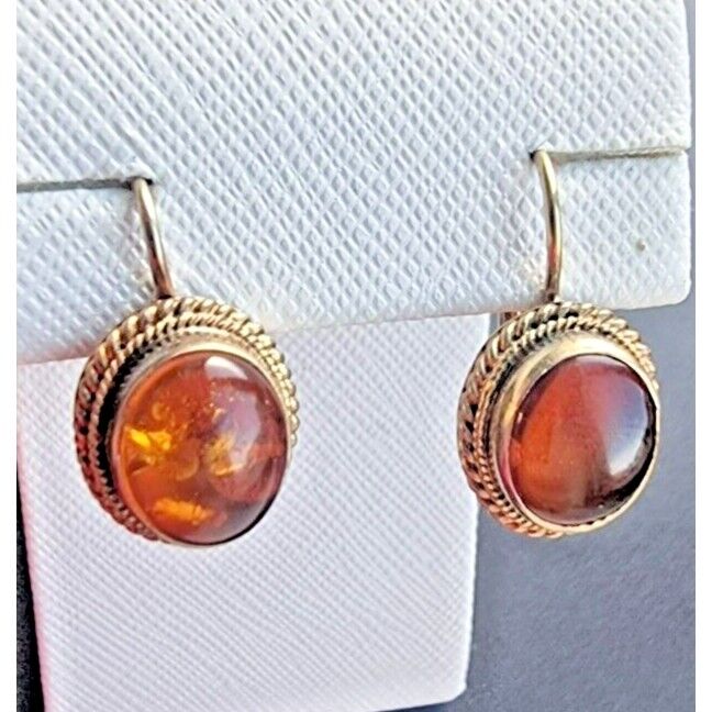 VINTGE 925 STERLING SILVER VERMEIL OVAL 10x9 MM. BALTIC AMBER EARRINGS AT