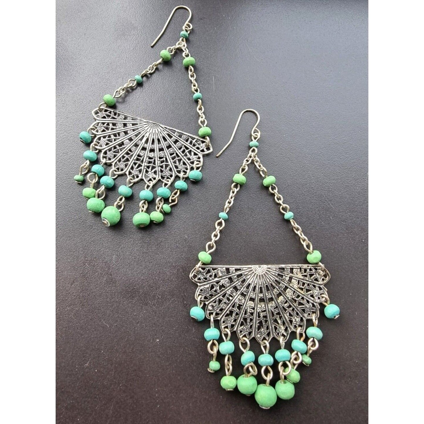 ETHNIC VINTAGE 925 STERLING SILVER WOOD  DROPS EARRINGS AT