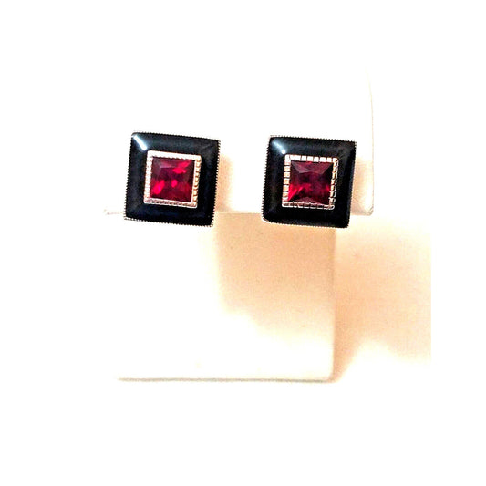 925 STERLING SILVER 2CT LAB-CREATED RUBY & ENAMEL EARRINGS. SKY