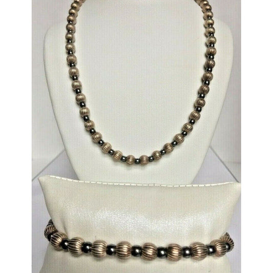 ITALIAN 925 STERLING SILVER RIBBED & PLAIN BEADS BRACELET & NECKLACE SKY