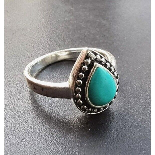 WESTERN STYLE 925 STERLING SILVER TEARDROP  8x6 mm. TURQUOISE RING SIZE 7 AT