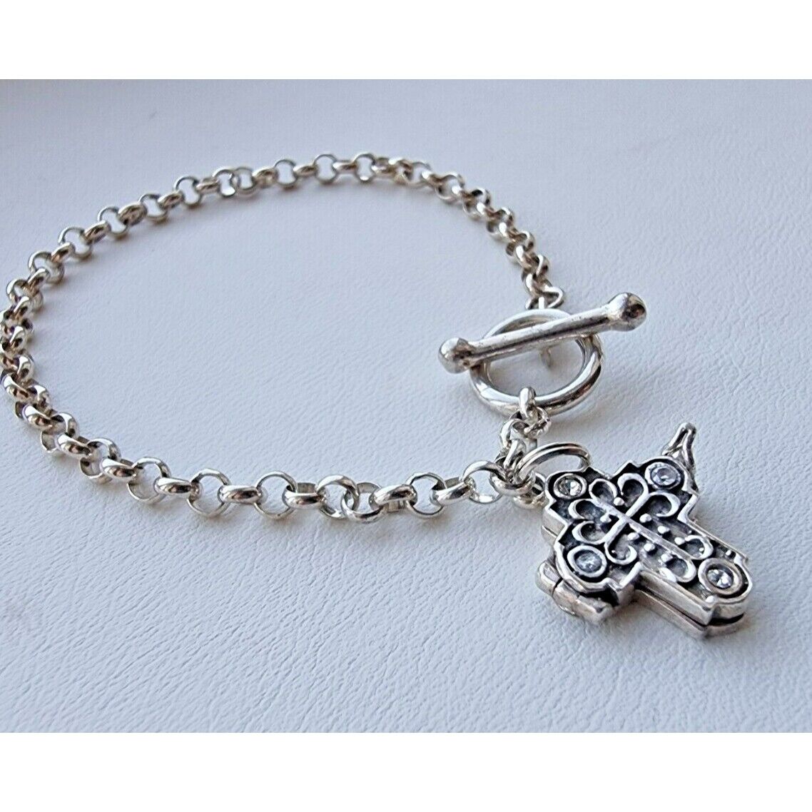 JBB 925 STERLING SILVER ITALY TOGGLE CLASP CHARM BRACELET CROSS  7,25 INCH AT