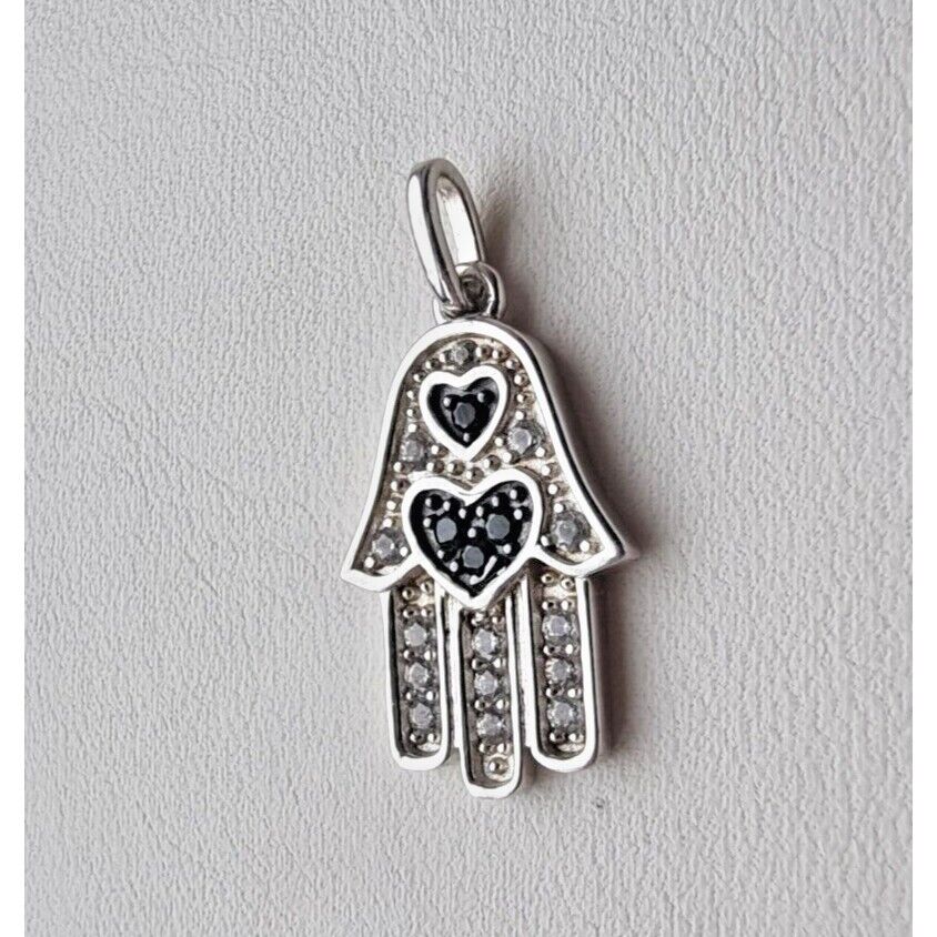 YGI 925 STERLING SILVER HAMSA BLACK ONYX HEARTS PENDANT AT