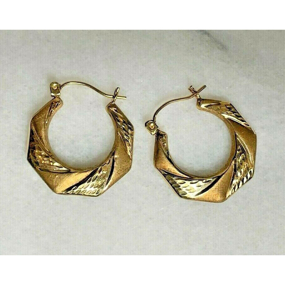 YELLOW GOLD BRIGHT CUT DESIGN HOOP EARRINGS SKY