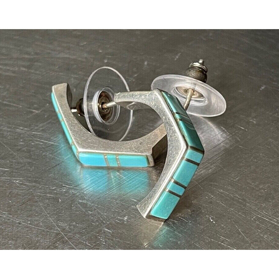 925 STERLING SILVER & TURQUOOSE SEMI HOOPS EARRINGS SKY