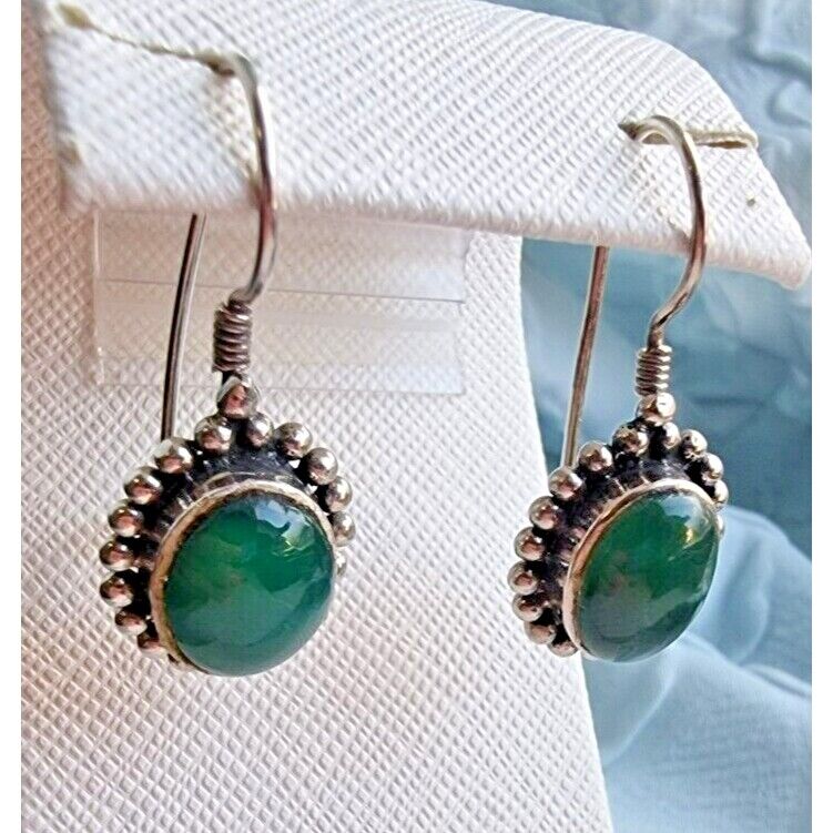 SOUTHWEST STYLE 925 STERLING SILVER  OVAL 11x8 mm. GREEN JADE EARRINGS AT