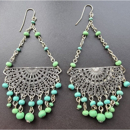 ETHNIC VINTAGE 925 STERLING SILVER WOOD  DROPS EARRINGS AT