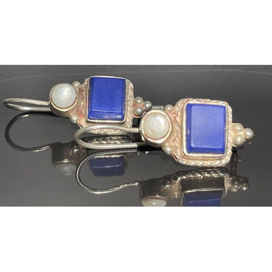 925 STERLING  SILVER LAPIS LAZULI & MOTHER OF PEARL EARRINGS SKY