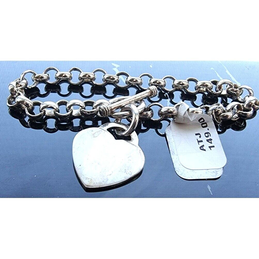 925 STERLING SILVER TOGGLE HEART CHARM BRACELET 7 inch AT