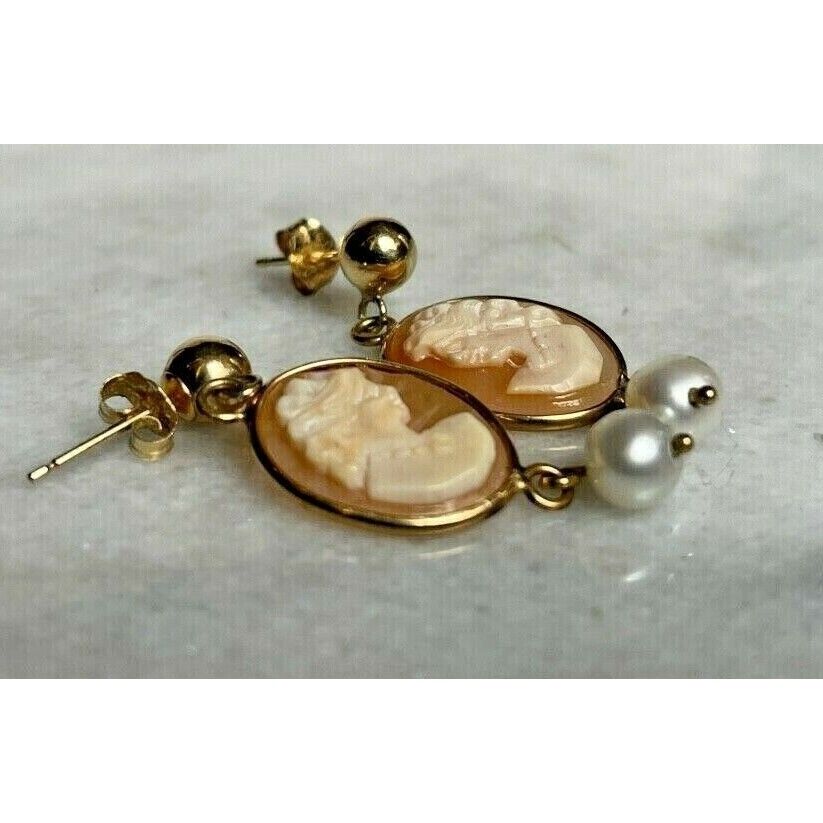 ELEGANT 14K YELLOW GOLD & PEARLS CAMEO EARRINGS SKY