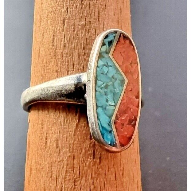 925 STERLING SILVER TURQUOISE AND CORAL RING SIZE 5.75 AT