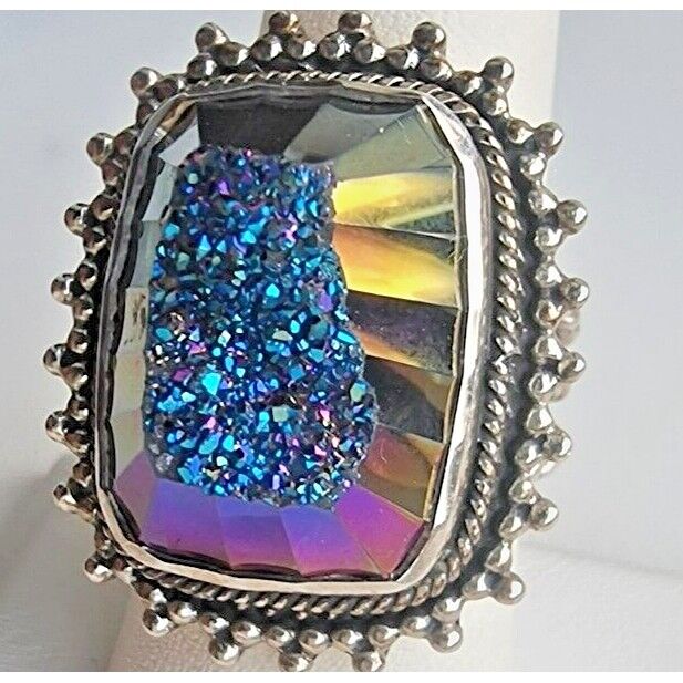 925 STERLING SILVER TITANIUM PLATED DRUZY QUARTZ SHINY RING SIZE 8 AT