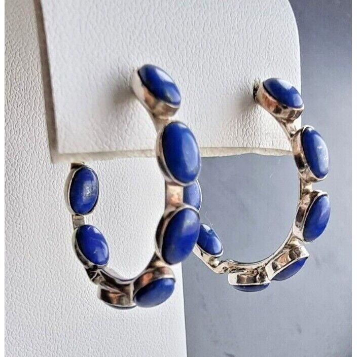 STYLISH 925 STERLING SILVER NATURAL LAPIS LAZULI HOOP EARRINGS AT