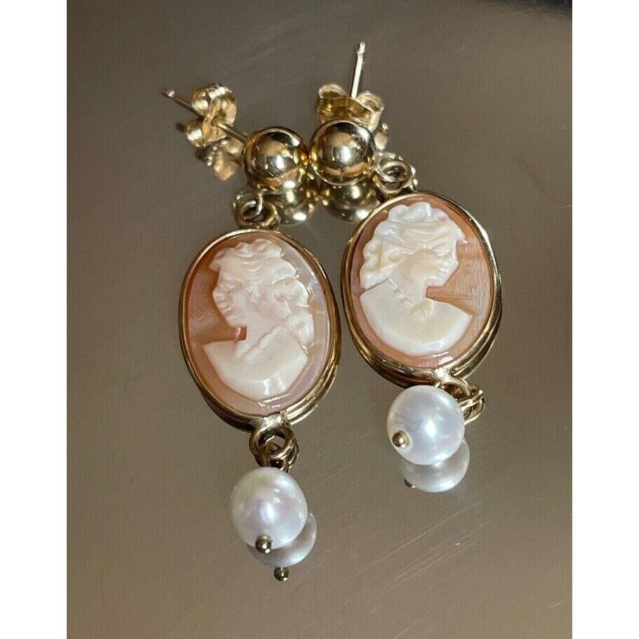 ELEGANT 14K YELLOW GOLD & PEARLS CAMEO EARRINGS SKY