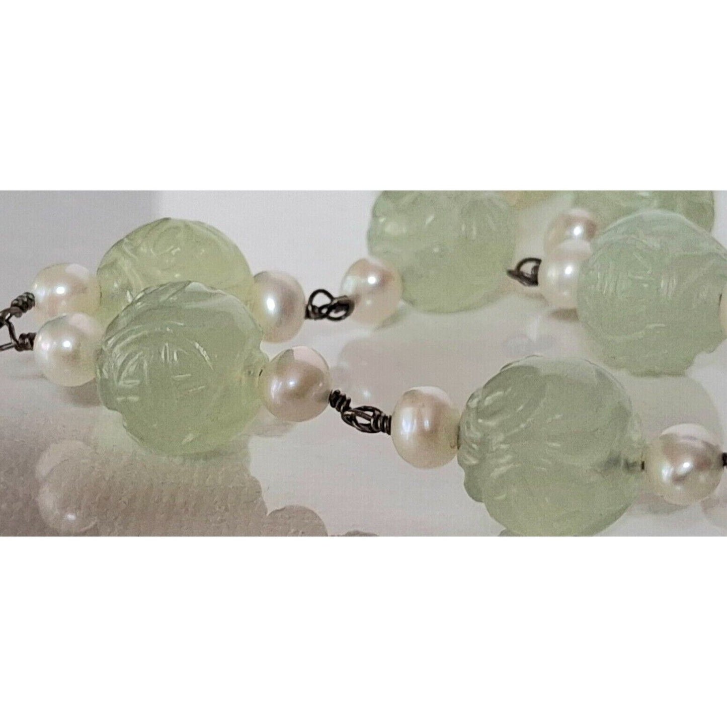 YUA-SAI 925 STERLING SILVER CURVED JADE  AND PEARLS  NECKLACE SKY