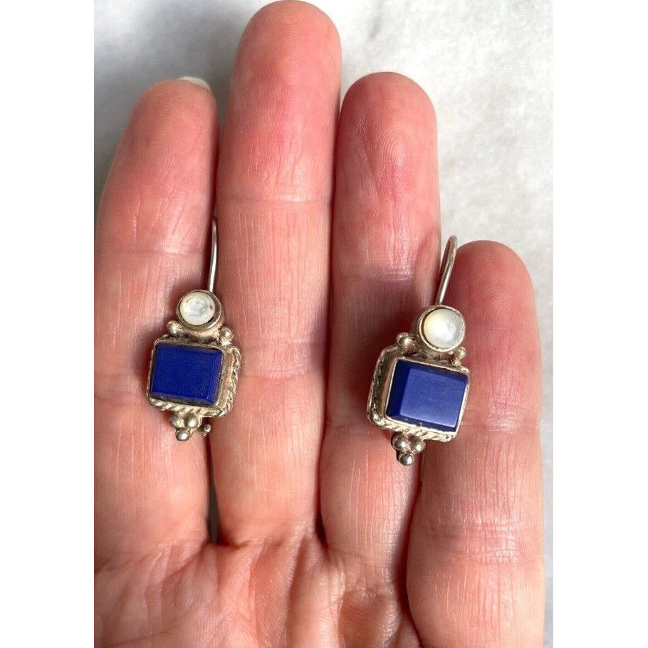 925 STERLING  SILVER LAPIS LAZULI & MOTHER OF PEARL EARRINGS SKY