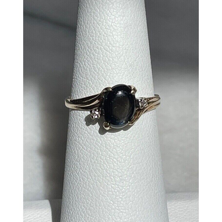 YELLOW GOLD BLACK SAPPHIRE AND DIAMOND RING SIZE 6 SKY