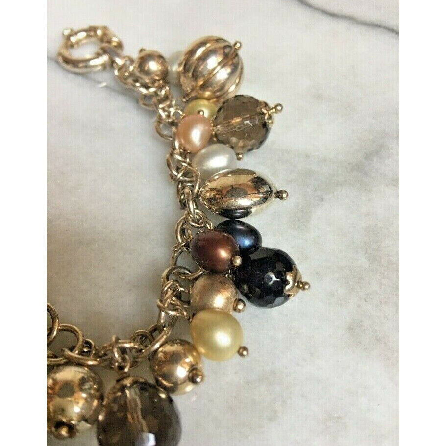 ITALIAN STERLING SILVER PEARLS AND SMOKY QUARTZ CHARM BRACELET SKY