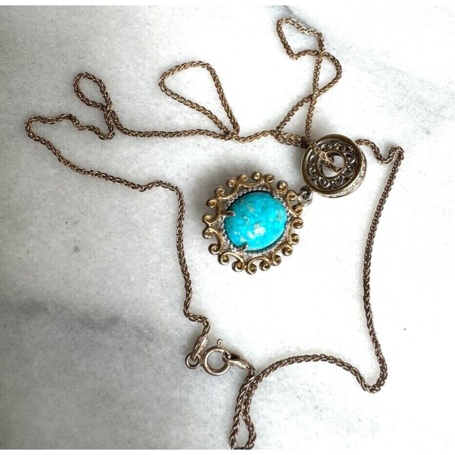 ORNATE 925 STERLING SILVER VERMEIL AND TURQUOISE CHARM PENDANT NECKLACE SKY