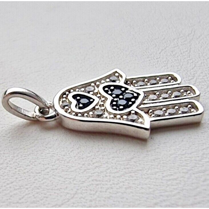 YGI 925 STERLING SILVER HAMSA BLACK ONYX HEARTS PENDANT AT