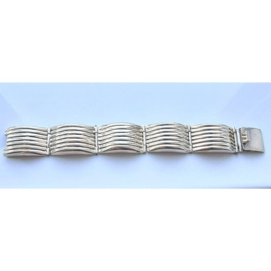 MEXICO 925 STERLING SILVER RIBBED DOME HINCE CHAIN BRACELET 83.5 gram AT