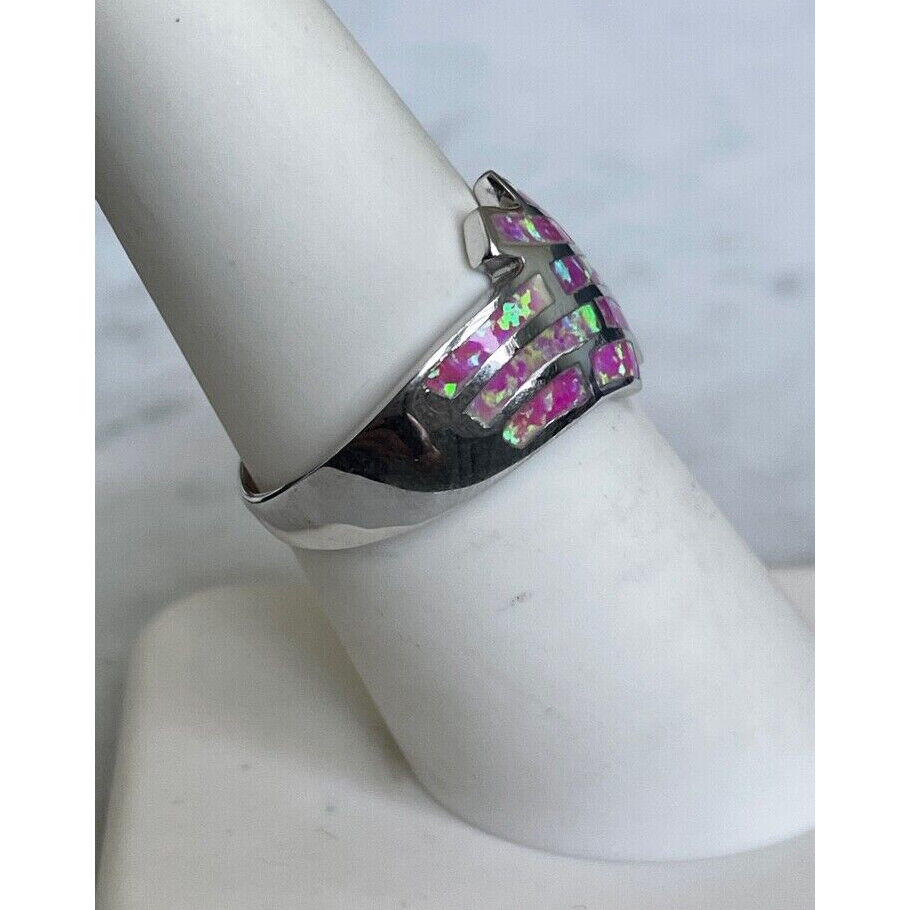 925 STERLING SILVER FAUX OPAL INLAID BAND RING SIZE 7 SKY