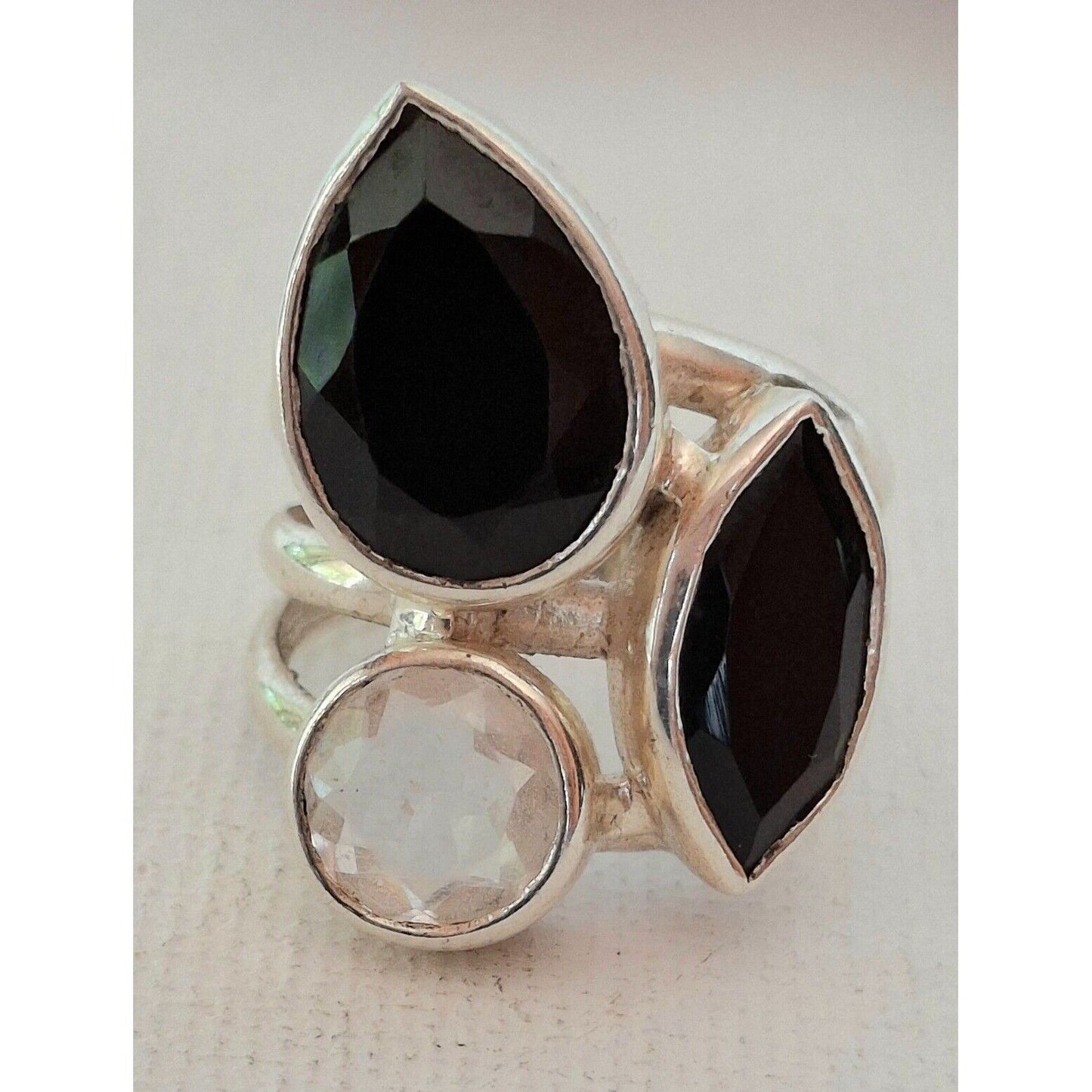 925 STERLING SILVER NEAR COLORLESS AQUAMARINE AND BLACK TOURMALINE RING SIZE SKY