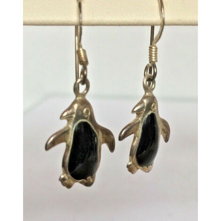 CUTE 925 STERLING SILVER BLACK ONYX PENGUIN DANGLE EARRINGS SKY