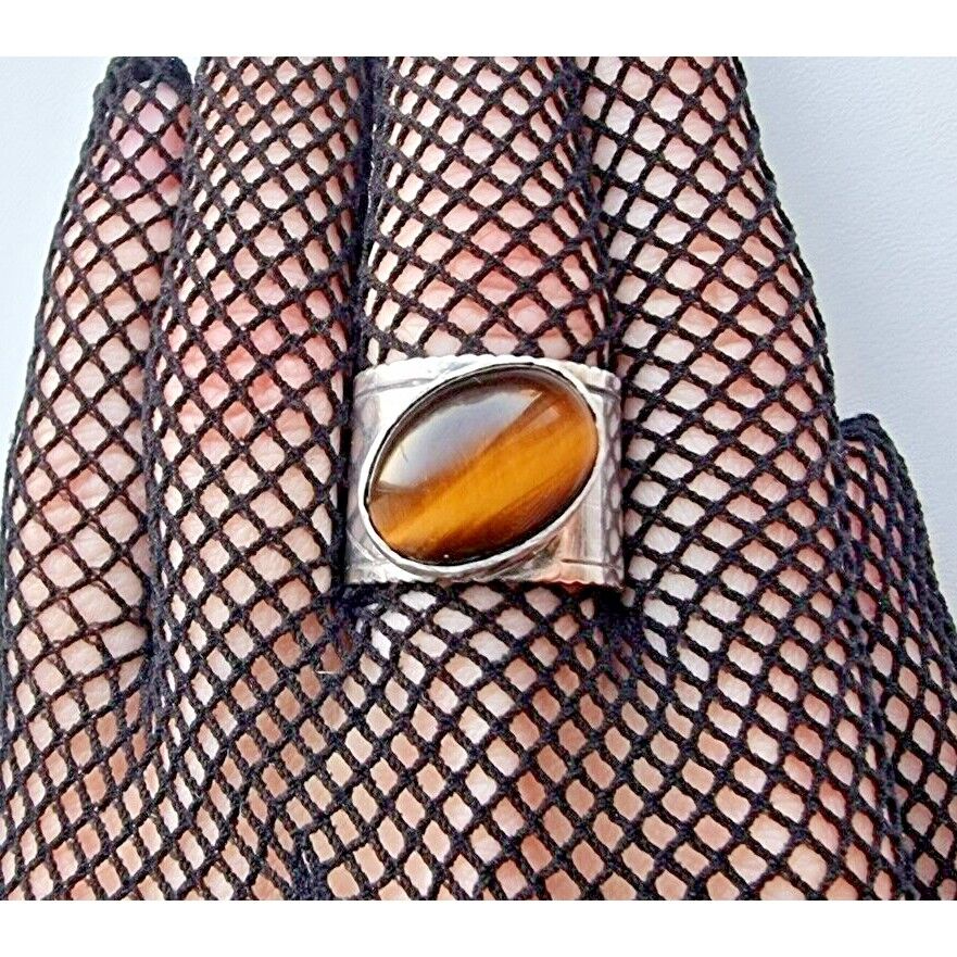 925 STERLING SILVER TIGER EYE SIGAR BAND RING SIZE 9.25 AT