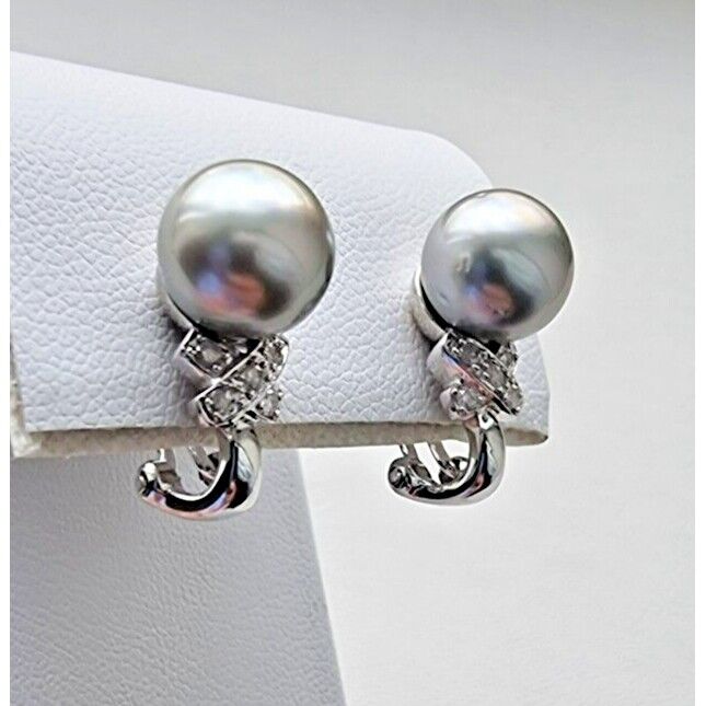 14K WHITE GOLD GREY  PEARL AND DIAMOND EARRINGS WITH OMEGA CLIP AT