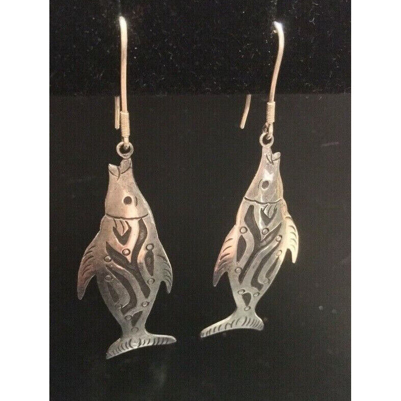 925 STERLING SILVER 2 1/2" LONG DANGLE FISH EARRINGS. SKY